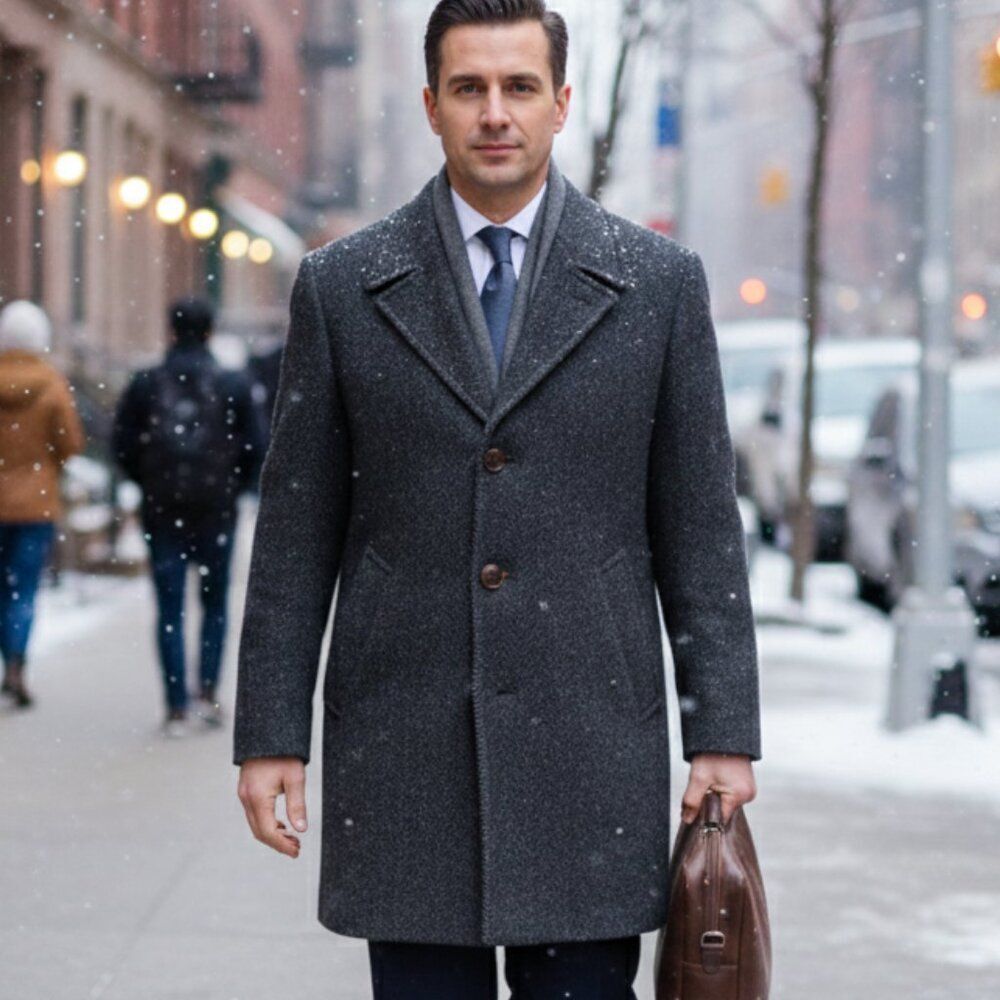 Yorkshire men 100% wool pea coat grey herringbone tweed winter class 40R car mid